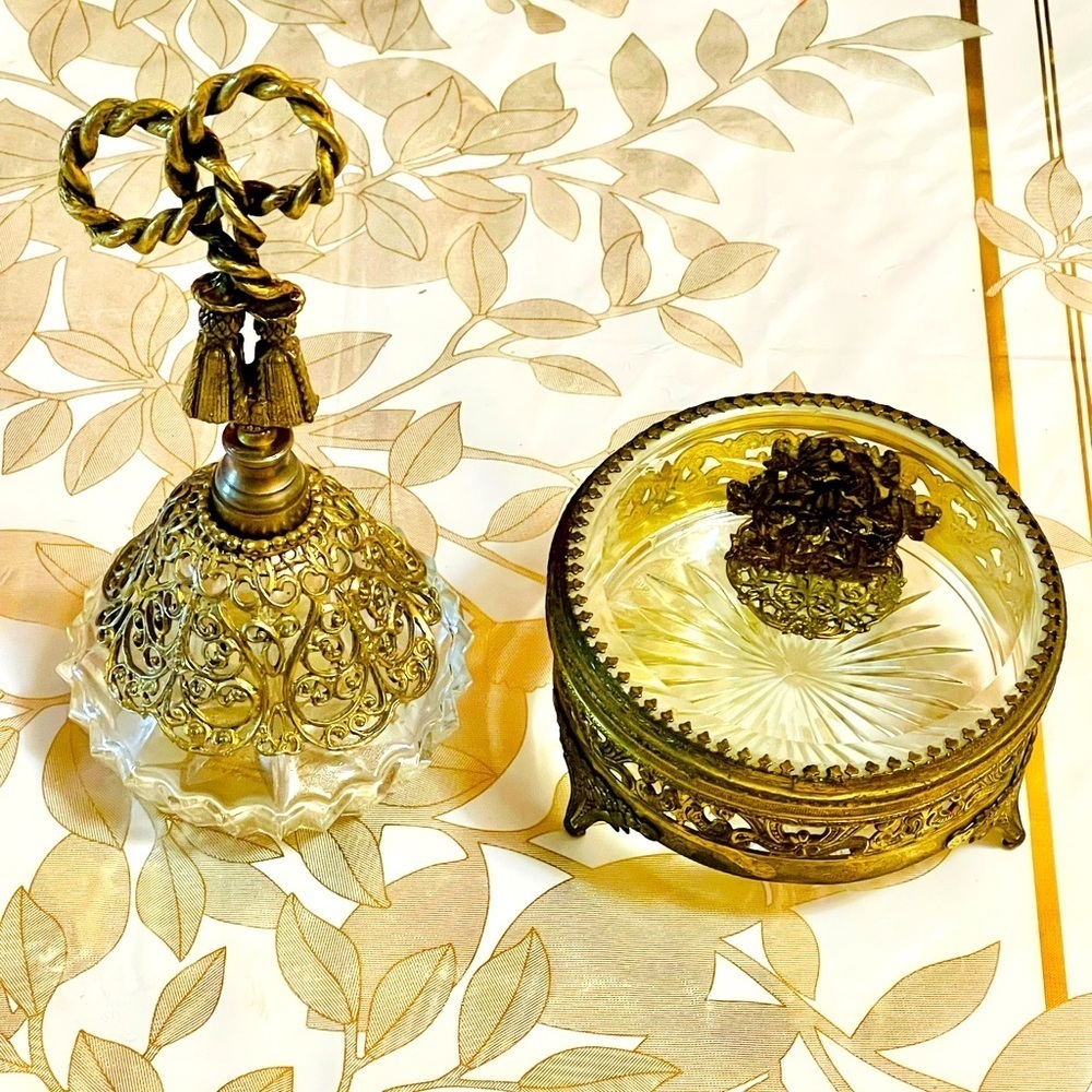 Vintage 24K Gold Plated perfume Bottle & Jewelry Box Glass Ormulu West Germany